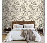 Sophie Laurence Cream Gold Floral Wallpaper Grey Leaf Textured Metallic Shimmer Bedroom Feature Wall