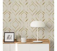 Sophie Laurence Cream Gold Geometric Wallpaper Metallic Shimmer Feature Wall Lounge