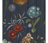 SOPHIE LAURENCE Dark Blue Floral Wallpaper Beaded Wood Panel Effect Bee's Smooth Finish Lounge Feature