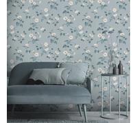 Sophie Laurence Duck Egg Floral Wallpaper Cream Flowers Smooth Finish Feature Wal
