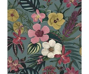 SOPHIE LAURENCE Floral Orchid Wallpaper Pink Yellow Exotic Tropical Palm Leaves Smooth - Textured, Washable, Strippable - Paste The Paper Feature Wallpaper (Teal, Sample)