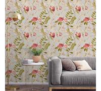 SOPHIE LAURENCE Floral Red Green Wallpaper Trail Roll - Vintage Rose Design - Luxury Decorative Wallpaper for Bedroom, Living Room & Feature Walls Green Leaf (10m x 53cm)