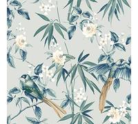 SOPHIE LAURENCE Floral Wallpaper - Birds Grey Blue Green Oriental - Thick Solid Designer Heavy Duty Textured Paste Wallpaper