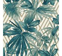 SOPHIE LAURENCE Forage Teal Gold White Geometric Tropical Jungle Leaves Wallpaper for Living Room