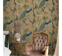 SOPHIE LAURENCE Gold Peacock Woods Wallpaper - Metallic Floral Bird Design, Spongeable, Wet Removable, Paste The Paper, Luxurious Modern Style, 0.53m x 10.05m Roll for Elegant Home Décor