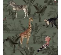 SOPHIE LAURENCE Green Tropical Floral Wallpaper Safari Monkeys Zebras Giraffe Feature Bedroom, Smooth Finish Vinyl Wall Panels for Lounge, Bedroom, Study Washable, Strippable, Non-Pasted (Full Roll)