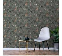 SOPHIE LAURENCE Green Tropical Floral Wallpaper Safari Monkeys Zebras Giraffe Feature Bedroom, Smooth Finish Vinyl Wall Panels for Lounge, Bedroom, Study Washable, Strippable, Non-Pasted (Sample)