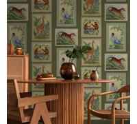 Sophie Laurence Green Tropical Frames Wallpaper Floral Exotic Wildlife Tigers Monkeys Giraffes Feature Wall
