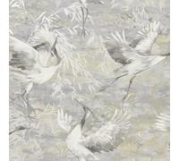 SOPHIE LAURENCE Grey Cranes Wallpaper Textured Metallic Shimmer Vinyl Heavy Weight Feature Wall