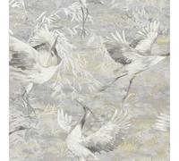 Sophie Laurence Grey Cranes Wallpaper Textured Metallic Shimmer Vinyl Heavy Weight Feature Wall