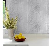Sophie Laurence Grey Silver Silhouette Tree Wallpaper Metallic Shimmer Slightly Textured Feature Wall