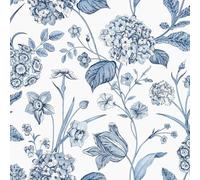 SOPHIE LAURENCE Hydrangea Garden Flowers Blue, White Floral Wallpaper for Bedroom, Living Room Decor, Washable Wall Paper Paste, 10m Roll for Interior Design