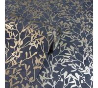 SOPHIE LAURENCE Navy and Gold Leaf Wallpaper - Luxurious Metallic Finish, Textured Design, Ideal for Living Room, Bedroom, or Office (Full Roll)