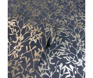 SOPHIE LAURENCE Navy and Gold Leaf Wallpaper - Luxurious Metallic Finish, Textured Design, Ideal for Living Room, Bedroom, or Office (Full Roll)