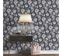 Sophie Laurence Navy Floral Wallpaper Grey Brown Damask Pattern Smooth Finish