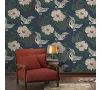 Sophie Laurence Navy Flying Cranes Wallpaper Metallic Geometric Shimmer Pale Pink Peonies Floral Feature Wall