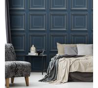 Sophie Laurence Navy Panel Effect Wallpaper Metallic Gold Realistic 3D Wood Effect Flat Finish