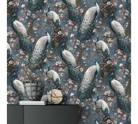 Sophie Laurence Navy Peacock Wallpaper Pink White Blossom Tree Fabric Effect Textured Finish Paste The Wall Vinyl Feature Wall