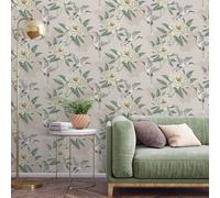 Sophie Laurence Neutral Flying Cranes Wallpaper Geometric Metallic Shimmer Cream Peonies Smooth Finish Feature Wall
