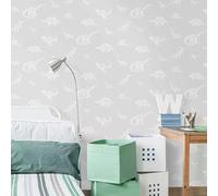 SOPHIE LAURENCE Over The Rainbow Grey Dino Dictionary Wallpaper - 0.53m Sample, Animal Print, Washable, Wet Removable, Matte Finish - Easy Paste The Paper Application