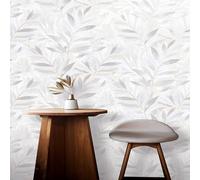 SOPHIE LAURENCE Rasch Elegant Homes Fiji Leaf Wallpaper, Contemporary Nature Inspired Design with Metallic Detailing, Silver, 10m Roll Ideal for Bedroom and Living Room Decor