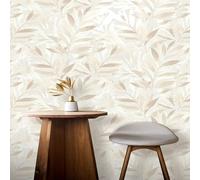 SOPHIE LAURENCE Rasch Elegant Homes Fiji Leaf Wallpaper, Contemporary Nature Inspired Design with Metallic Detailing, Neutral, 10m Roll Ideal for Bedroom and Living Room Decor