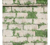 SOPHIE LAURENCE Rustic Grey Stone Brick Effect Moss Foliage Textured Wallpaper Living Room Bedroom Feature Wall (Textured Brick Green Moss)
