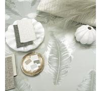 SOPHIE LAURENCE Sage Green Feather Wallpaper White Gold Metallic Shimmer Smooth Feature Wall