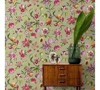 Sophie Laurence Sage Green Floral Wallpaper Multi Exotic Fruits Blossoms Foliage Feature Wall