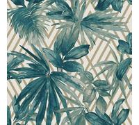 SOPHIE LAURENCE Teal Gold Tropical Wallpaper, Botanical Palm Leaf Design, 53cm x 53cm Sample, Washable, Paste The Paper, Metallic Geometric Background, Ideal for Any Room