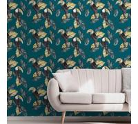 SOPHIE LAURENCE Teal Tropical Bird Wallpaper - Toucans, Yellow & Blue Leaves, Smooth Finish, Paste The Wall Feature Wall Covering for Living Room, Bedroom & Hallway, 10m x 0.53m