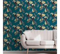 Sophie Laurence Teal Tropical Birds Wallpaper Toucans Large Leaf Smooth Finish Paste The Wall Feature Wall