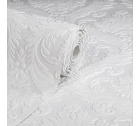 SOPHIE LAURENCE White Damask Paintable Wallpaper Embossed Blown Textured Vinyl Slightly Imperfect Thick Heavy Disguise Imperfections