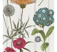 SOPHIE LAURENCE White Multi Floral Wallpaper Beaded Wood Panel Effect Bee's Smooth Finish Lounge