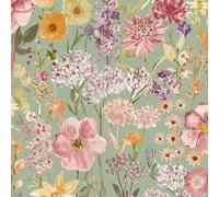 SOPHIE LAURENCE Wildflowers Sage Floral Wallpaper Pink Hand Painted Effect Smooth Matte Botanical Wallpaper for Feature Wall (Sample)
