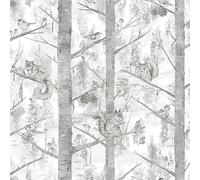 SOPHIE LAURENCE Woodland Tree Grey Wallpaper - Squirrel Birds Gold Metallic Non-Woven Grizedale - Paste The Wall Wallpaper