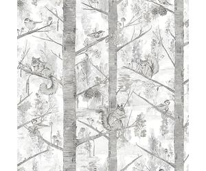 SOPHIE LAURENCE Woodland Tree Grey Wallpaper - Squirrel Birds Gold Metallic Non-Woven Grizedale - Paste The Wall Wallpaper (Sample)