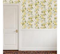 Sophie Laurence Yellow Lemon Trail Floral Wallpaper Neutral Textured White Blossoms Feature Wall