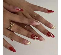 Sophisticated Almond False Nails With 3D Bows Nails Decors Stick On Nails Full Covers Artificial Nails For Wedding Party