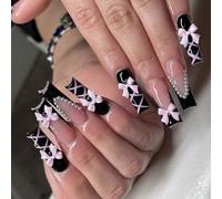 Sophisticated Black Glossy Long Coffin Press On Nails With Bows Designs False Manicure Decors For Party Square French False Nail