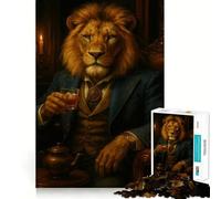 Sophisticated Lion Gentleman with A Drink 1000 Piece Jigsaw Puzzles for Adults Teenagers Solid Logic Toy Quiet Fun Precision Cut Santa Wish Pick (38x26cm)