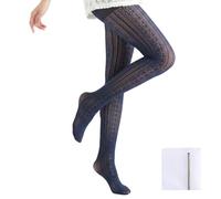 Sophisticated Navy Blue Lace Tights with Geometric Pattern & Vertical Stripes - Stylish Women's Tights Featuring Sheer Mesh, Snug Fit, Seamless Construction & Opaque Toe for Dresses & Skirts (Blue)
