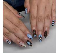 Sophisticated Press on Artificial Nails Featuring Geometric Dot Star Art in Delicate Blue Brown Color Palette Brown Star Nails