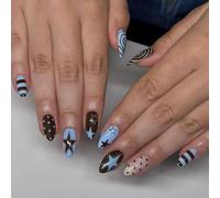 Sophisticated Press on Artificial Nails Featuring Geometric Dot Star Art in Delicate Blue Brown Color Palette Elegant Press Nails