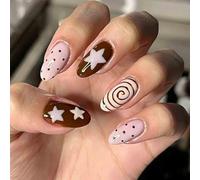 Sophisticated Press on Artificial Nails Featuring Geometric Dot Star Art in Delicate Brown Color Nails Tips Modern Geometric Unguis Art
