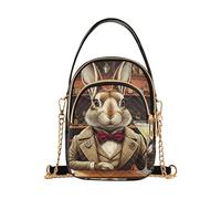 Sophisticated Rabbit Vintage Bunny Single Shoulder Handbag Women Chain Strap Wallet Phone Purse Floral Print Zipper Bowler Tote Ladies Satchel, 5.9" × 8.3" × 3.1"