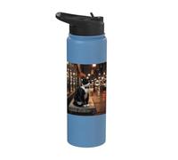 Sophisticated Tuxedo Cat Iced Coffee Drinker Urban Night Stainless Steel Insulated Water Bottle