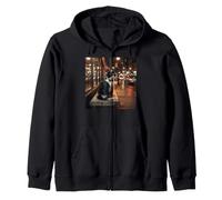 Sophisticated Tuxedo Cat Iced Coffee Drinker Urban Night Zip Hoodie