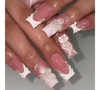 Sophisticated White Artificial Nails Having Pearls Accents and Ribbon Embossed Carving for a Sophisticated Look White French Stone Flower Press on