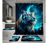 SOPIYRIO 4 Pcs Watercolor Tiger Shower Curtain Bathroom Set with Rugs, Abstract Night Sky Nature Woods Animals Shower Curtain with 12 Hooks, Toilet Lid Cover and Bath Mat for Bathroom Decor Set